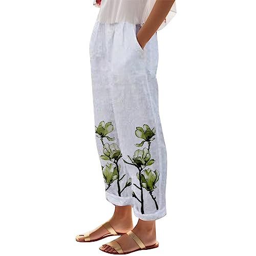 with Pockets Pants Straight Casual Long Print Women Linen Pants High Loose Waist Women's Linen Casual Pants Trendy (2-Green, M)