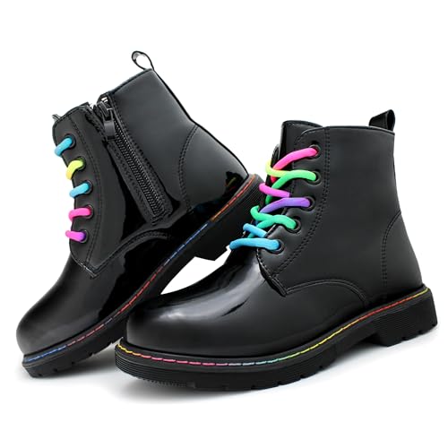 Hawkwell Girls Boys Combat Work Boots Side Zipper Ankle Boots with Rainbow Lace Up,Black Patent PU,12 M US Little Kid