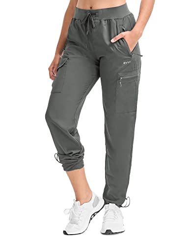 BVVU Women's Cargo Joggers Lightweight Quick Dry Hiking Pants Outdoor Waterproof Athletic Workout Pants with Zipper Pockets Grey