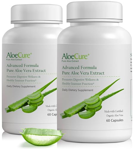 AloeCure Organic Aloe Vera Capsules, 130,000mg Inner Aloe Leaf Equivelant per Serving, Support Gut Health & Digestive Comfort, Stomach Acid Buffer, Natural Immune Supplement, Aloin Free, 60Caps x 2Btl