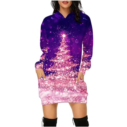 Gobehebe Christmas Long Hoodies for Women Christmas Tree Print Sweatshirts Dress Casual Crewneck Long Sleeve Pullover Tops Purple