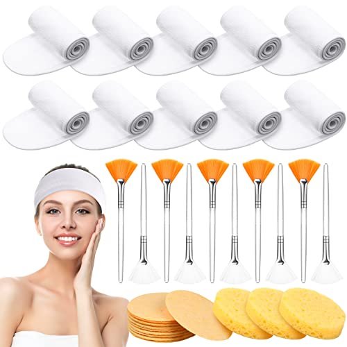 10 Pcs Spa Facial Headband Makeup Head Wraps for Facials and 50 Pcs Compressed Facial Sponges 10 Pcs Facial Fan Brushes, White Towel Head Wrap 3 in 1 for Face Wash Facial Set for Mask, Makeup Removal