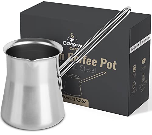 Caizen Coffee Quality Turkish Coffee Pot - Turkish Coffee Maker, Chai Pot, Arabic Coffee Pot, Briki Greek Coffee Pot, Greek Briki, Cezve, Ibrik (15oz)