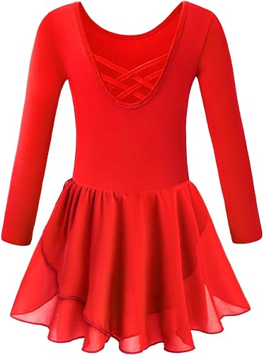 LMCOB Ballet Leotards for Girls Long Sleeve Dance Leotards Dress for Toddler Girls Ballet Outfit Red 2-12 years(YW2142-04-L)