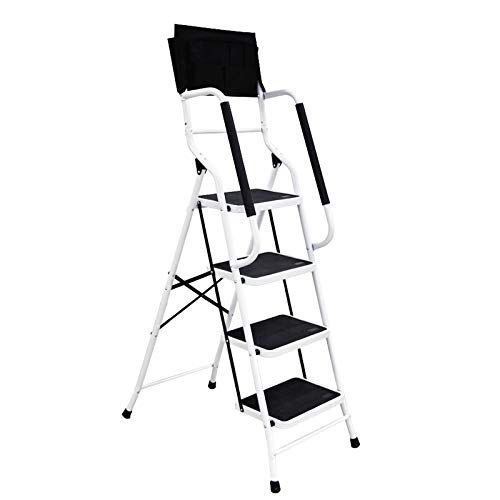 WiberWi 4 Step Ladder with Handrails 500 lb Capacity Step Stool Folding Portable Ladders for Home Kitchen Steel Frame with Non-Slip Wide Pedal Stepladder with Attachable Tool Bag White