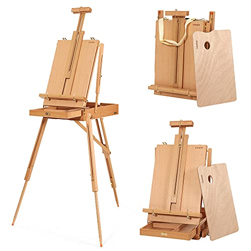 VISWIN French Easel, Hold Canvas up to 34', Beech Wood Adulstable Foldable Studio & Field Sketchbox Easel with Drawer, Palette, Level Instrument & Scale Leg, Portable Tabletop & Floor Painting Easel