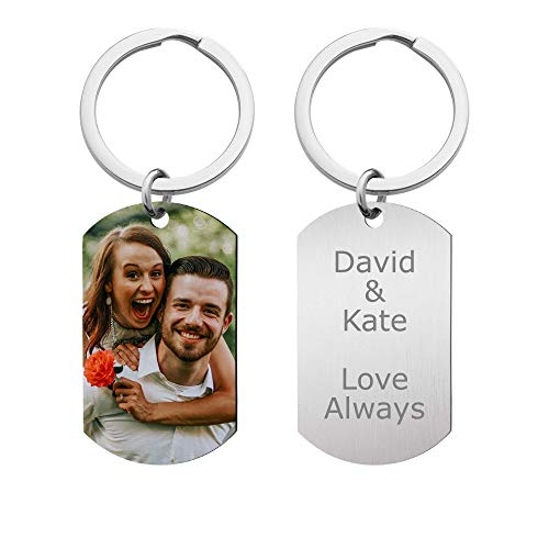 Queenberry Personalized custom Photo Full Color Message Date Love Note Engraving Stainless Steel Dog Tag Pendant Key Chain Silver