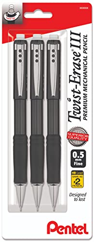 Pentel Mechanical Pencil 0.5 mm Twist Erase III - Twist Up Eraser - Pre-Loaded Super Hi-Polymer HB Lead - Black Barrel - 3-Pack - Fine Point