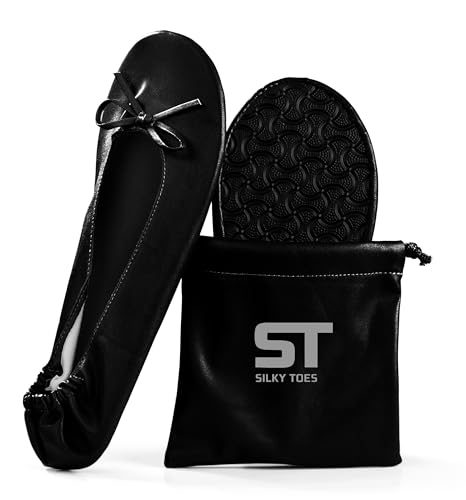 Silky Toes Women's Foldable Portable Travel Ballet Flat Roll Up Slipper Shoes with Matching Carrying Pouch (Large, Black) …