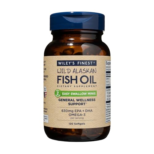 Wiley's Finest Wild Alaskan Fish Oil Easy Swallow Minis - Omega-3 for Adults and Kids - Double-Strength 630mg EPA and DHA Natural Supplement - 120 Mini Softgels (60 Servings)