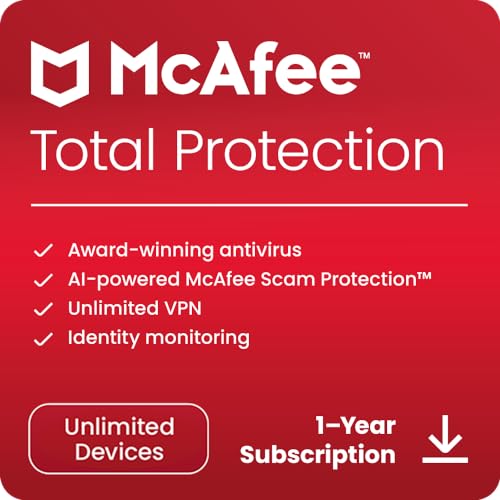 McAfee Total Protection 2024 Ready | Unlimited Devices | Cybersecurity Software Includes Antivirus, Secure VPN, Password Manager, Dark Web Monitoring | Download