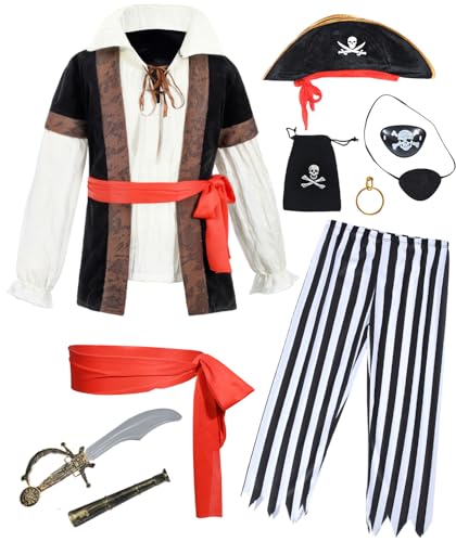 TOGROP 10 PCS Pirate Costume Kids Coat Pants Hat With Accessories Deluxe Set for Party Cosplay 8-10 Years