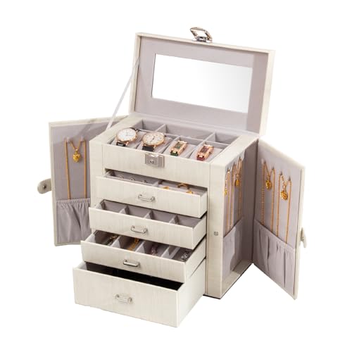 FEIYAN Large Jewelry Box,5-Tier PU Leather Jewelry Organizer with Lock,Multi-functional Storage Case with Mirror,Jewelry Organizer for Bracelets, Earrings, Rings, Necklaces, Mothers Day