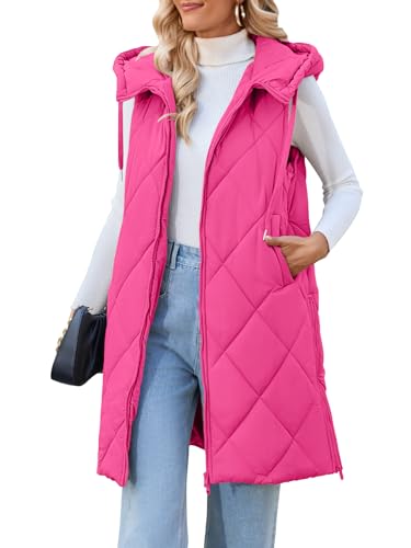 MEROKEETY Womens 2022 Winter Warm Quilted Sleeveless Jacket Vest Hooded Thick Long Coat with Pockets, Magenta, S