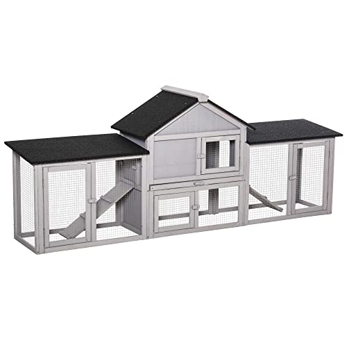 PawHut 83' L Outdoor Rabbit Hutch, Guinea Pig Cage Indoor Outdoor Wooden Bunny Hutch with Double Runs, Weatherproof Roof, Removable Tray, Ramps, Gray