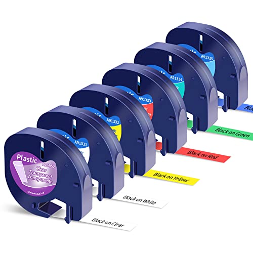 6 Pack Replacement for Dymo Label Maker Refills LetraTag Refills for Dymo 200B Plus LT100H LT100T QX50 Plastic Label Tape 16952 91331 91332 91333 91334 91335,12mm x 4m(1/2' x 13')