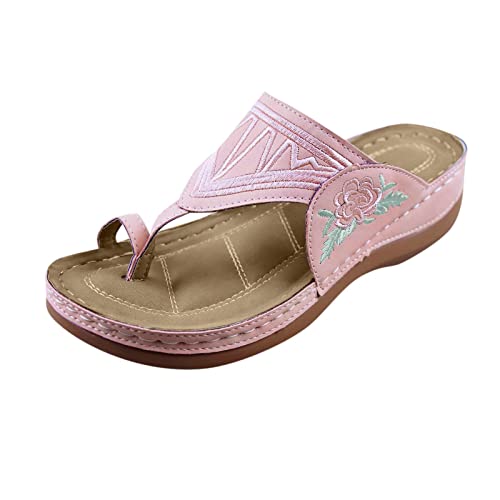 Shengsospp Plus Size Women's Flat Thong Sandal, Lightweight and Sporty Sandals with Embroidered Comfortable Lightweight, Thick Sole, Non-Slip 04_Pink, 6.5-7