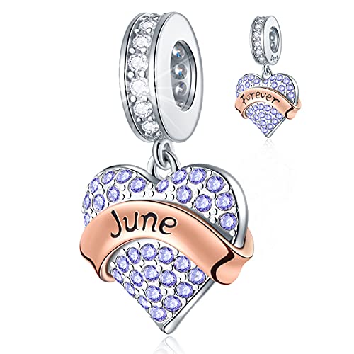 June Birthstone Charms fits Pandora Women Bracelet, Sparkle Pave Heart Orchid Moonstone CZ Forever Love Pendant in 925 Sterling Silver, Gifts for Wife/Couple/Lover/Girls
