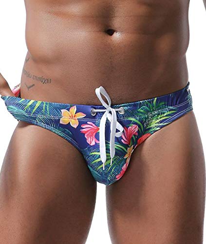 MIZOK Mens Bikini Swimwear Sexy Low Rise Flowers Print Quick Dry Swim Briefs Swimsuit (Leaves, L)