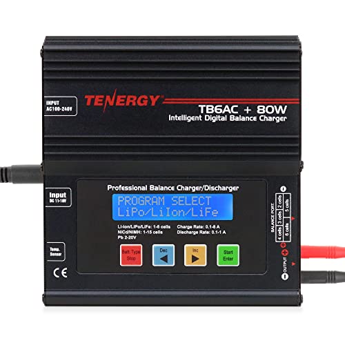 Tenergy TB6AC+80W Balance Charger Discharger, 1S-6S Intelligent Digital Battery Pack Charger for NiMH/NiCd/Li-Po/Li-Fe Packs, LCD RC Battery Charger w/Tamiya/JST/EC3/HiTec/Deans Connectors