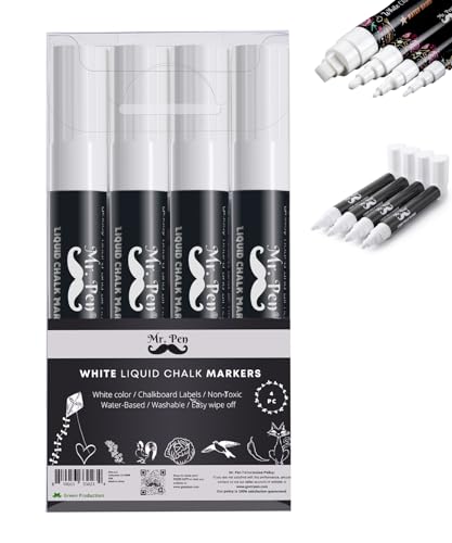 Mr. Pen- White Chalk Markers, 4 Pack, Dual Tip, 8 labels, White Liquid Chalk Marker, For Non-porous Surfaces, Chalk Markers, White Dry Erase Markers, Chalk Markers for Blackboard, Chalkboard Pen