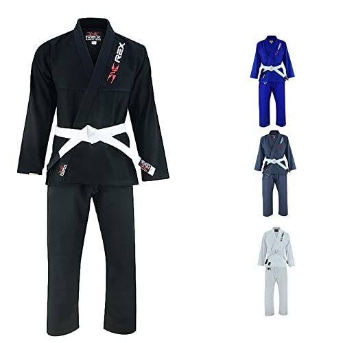 REX Sports Brazilian Jiu Jitsu, for Men and Women BJJ Gi Grappling Kimonos Lightweight White Belt (Black, A1)