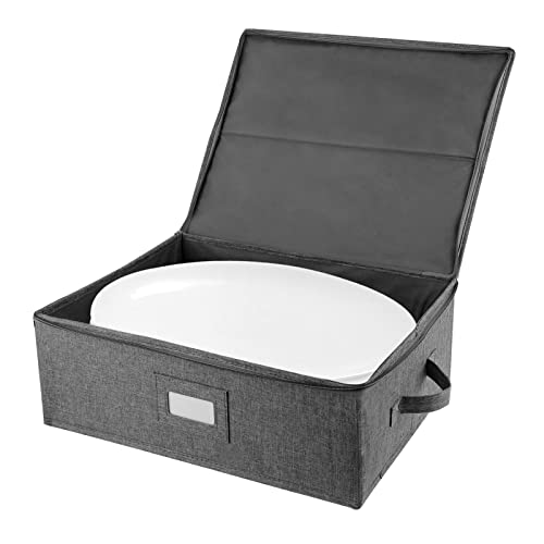 Platter Storage Case, China Storage Containers Hard Shell 17' x 13' x 6', 5 Felt Dividers Included, Structured Top and Stackable (Linen Grey)