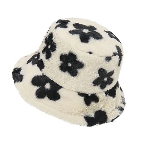 Yonchic Winter Soft Faux Fur Plush Bucket Hat, Lovely Flower Shape Fisherman Cap, Fashion Outdoor Thick Warm Sun Cap for Women (Black)