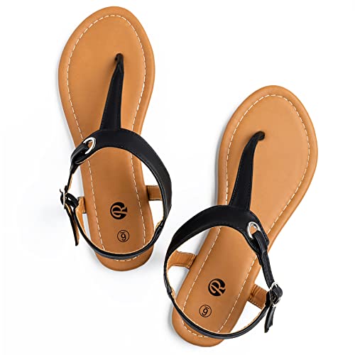 Rekayla Flat Thong Sandals with T-Strap and Adjustable Ankle Buckle for Women BLACK 08
