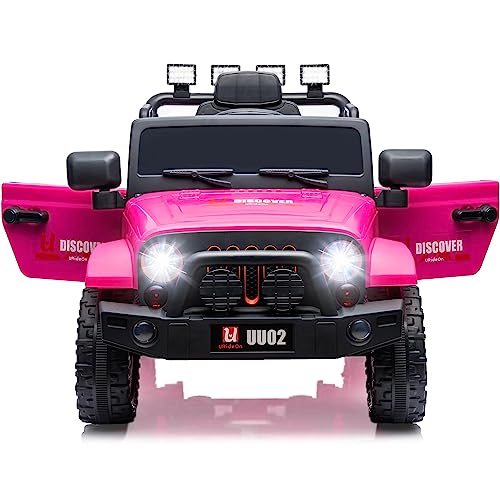 u URideon 12V Ride On Truck, Kids Electric Car Toys with Parent Remote Control, Battery Powered, LED Lights, MP3 Player (Pink)