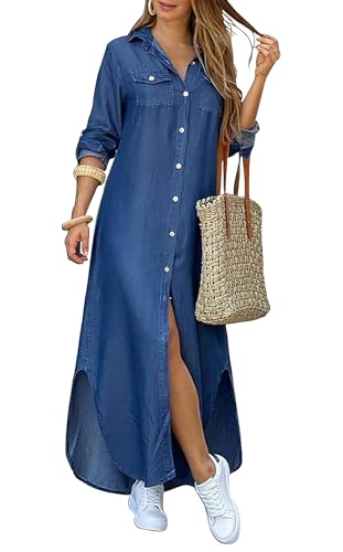 Kuraki Women's Casual Button Front Maxi Shirt Denim Dress M Blue