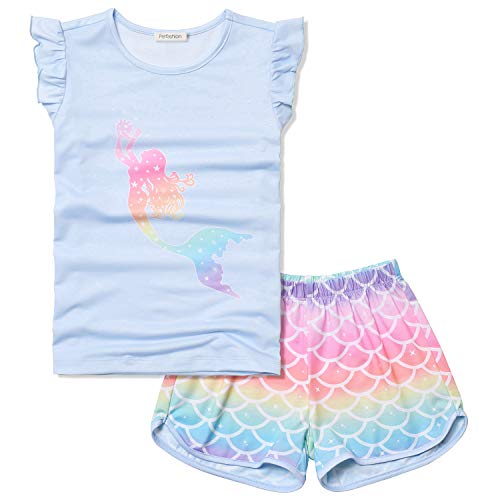 Perfashion Princess Pajama Set for Big Girls Rainbow Mermaid 2 Pjs Summer Nighty Shirt 8