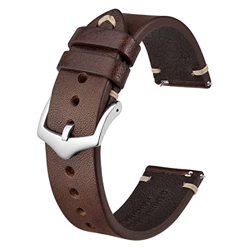 BISONSTRAP Men's Watch Bands, Hand-Stitched Leather Watch Straps, Quick Release, 22mm, Coffee Brown with Silver Buckle