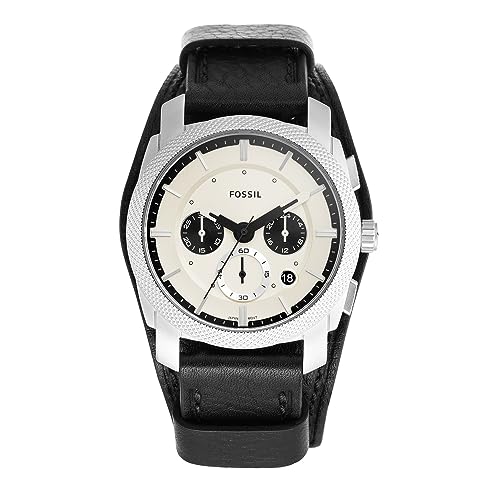 Fossil Men's Machine Quartz Stainless Steel and Leather Chronograph Watch, Color: Silver, Black (Model: FS5921)