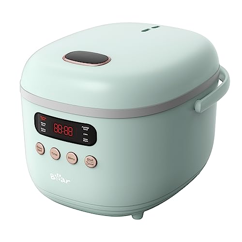 Bear Rice Cooker 4 Cups (UnCooked), Rice Cooker Small, 6 Cooking Functions, Advanced Fuzzy Logic Micom Technology, 24 Hours Preset Keep Warm, for White/Brown Rice Quinoa Oatmeal Soup Cake, 2L Green
