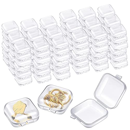 RHBLME 100 Pack Mini Clear Jewelry Storage Box with Hinged Lid, Small Plastic Jewelry Boxes, Jewelry Storage Containers, Transparent Square Jewelry Holder for Necklaces Earrings Rings Nose Studs