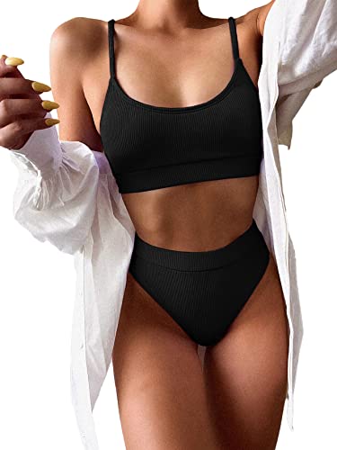 Lilosy High Waisted Tummy Control Bikini Ribbed Sporty Brazilian Swimsuit Set Women Highwaisted Cheeky Crop Push Up Top Cut Leg Rise Bottom 2 Piece Bathing Suit Black Medium