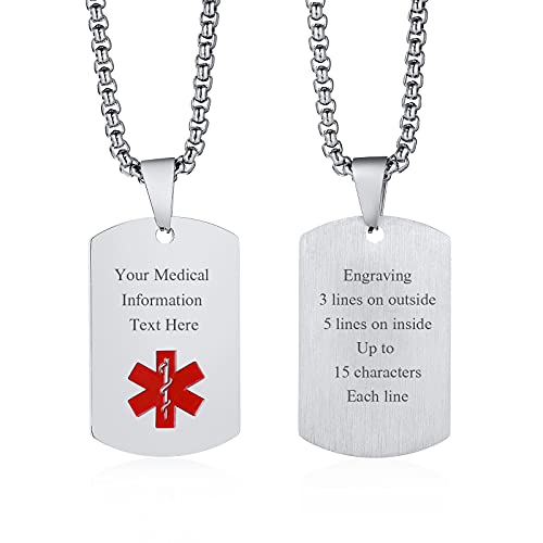 MEALGUET Personalized Medical Alert Necklace | Customized Stainless Steel Emergency Medical ID Dog Tag Pendant Necklace For Mens Womens Teens,Allergy Alert Identification Necklace, 24' Chain