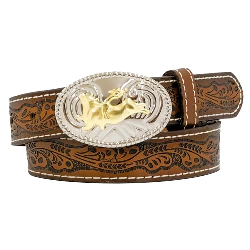 Nocona Boots Boys' 1-1/4' Tooled Bull Rider Floral Leather Western Belt Buckle, Brown, 22