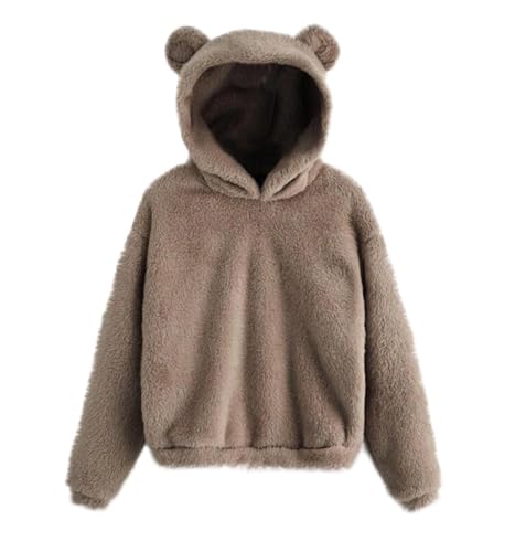 Burtell Women Fluffy Long Sleeve Bear Ear Hood Sweatshirt Loose Drop Shoulder Pullover Fuzzy Hoodies Solid Fleece Bear Hoodie Khaki