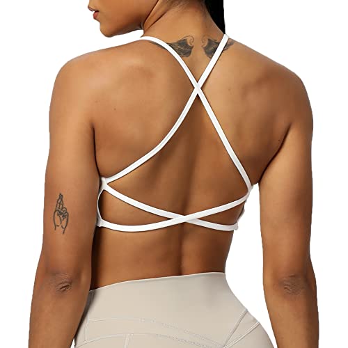 Aoxjox Women's Workout Sports Bras Fitness Backless Padded Ivy Low Impact Bra Yoga Crop Tank Top (White, Medium)