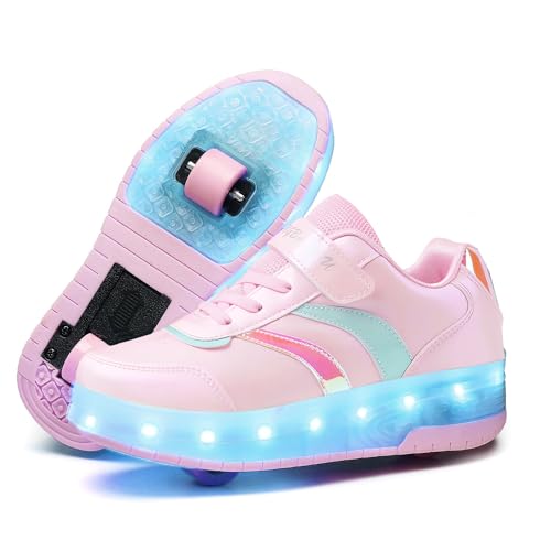 Ufatansy Roller Shoes with Wheels for Girls LED Light Up Roller Skates USB Charge Sneakers Kids Gifts Christmas Day Gift(Size 1.5,Pink Shoes)
