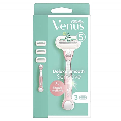 Gillette Venus Deluxe Smooth Sensitive Women's Razor + 3 Razor Blade Refills, with Rose Gold Metal Handle, Lubrastrip with A Touch of Aloe Vera