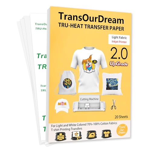 TransOurDream Upgraded Iron on Heat Transfer Paper for T Shirts (20 Sheets, 8.5x11') Iron on Transfers for Light Fabric Printable Heat Transfer Vinyl for Inkjet Printer (TOD-4)