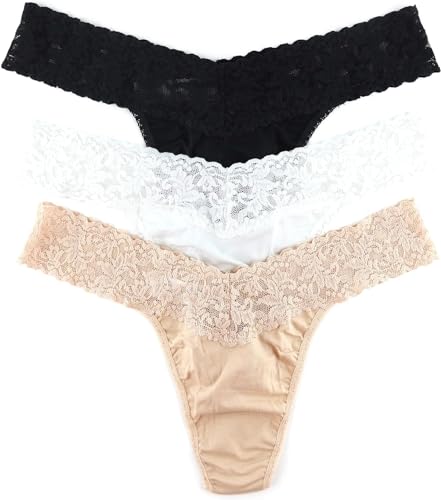 hanky panky, Original Rise Cotton Thong, Black, White, Chai One Size (4-14) 100% Cotton, Durable and Comfortable Underwear for Women