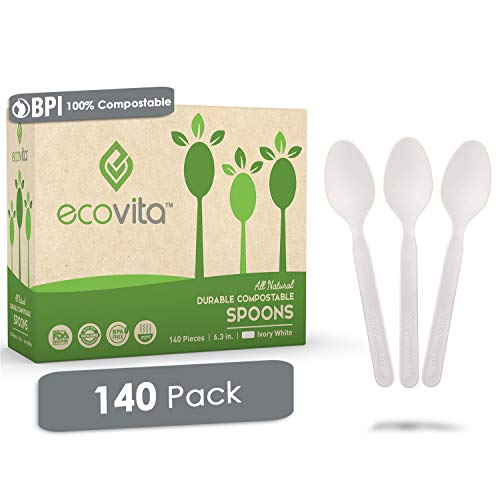 Ecovita 100% Compostable Spoons - 140 Large Disposable Utensils (6.3 in.) Eco Friendly Durable and Heat Resistant Alternative to Plastic Spoons with Convenient Tray