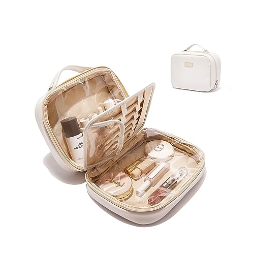 BAKLUCK Travel Makeup Bag Large Capacity Cosmetic Bags with Clear Double Sided Makeup Bag with Makeup Brush Compartment, PU Waterproof Leather Makeup Organizer Toiletry Bag for Women, Beige