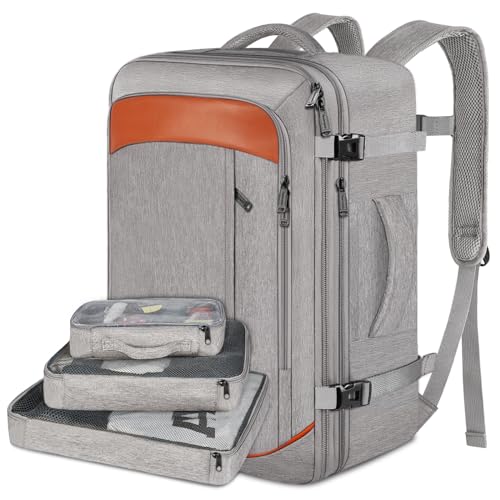 Vancropak Carry on Backpack, Extra Large 40L Airline Approved Travel Backpacks with 3 Packing Cubes for Women Men, Water Resistant Expandable Overnight Luggage Daypack Business Weekender Bag, Grey