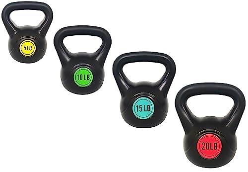 Signature Fitness ​Wide Grip 3-Piece Kettlebell Exercise Fitness Weight Set, Include 5 lbs, 10 lbs, ​15 lbs​ and 20 lbs, Set of 4 Kettlebells