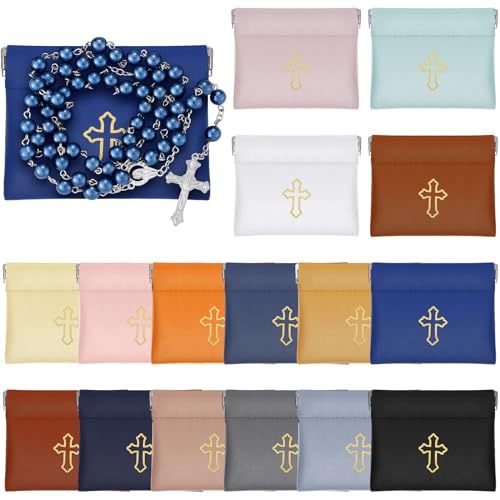 Wesnoy 16 Pcs Squeeze Rosary Pouch with Gold Cross Imprint Design Beautiful PU Leather Rosary Case (Elegant Color)